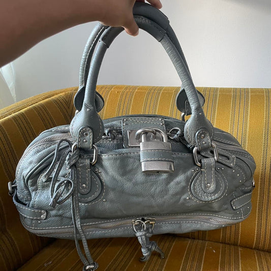 PreOwned Vintage Chloé Paddington Zippy Satchel Bag in Grey Blue Leather