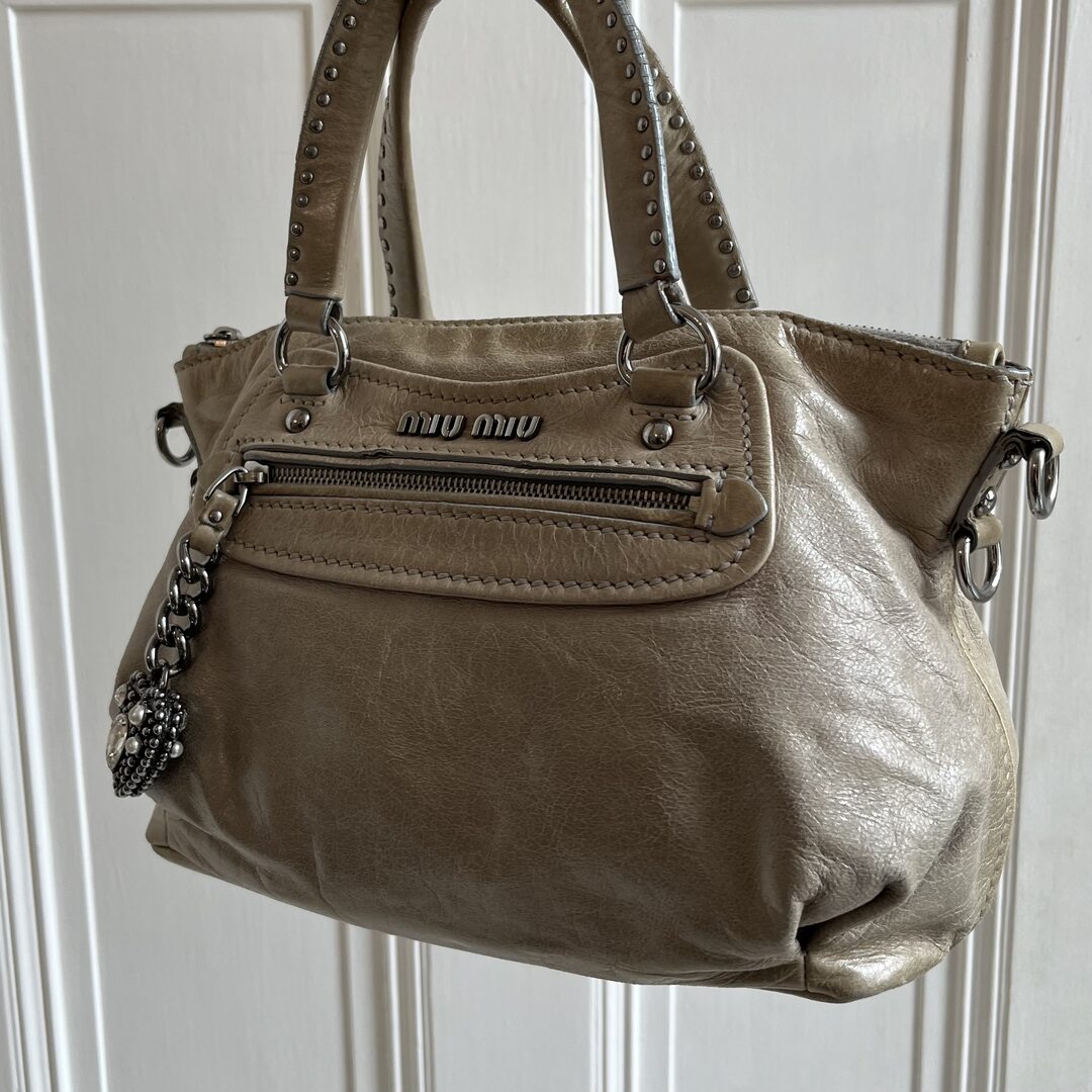 PreOwned Miu Miu Studded Charm Leather Beige Shoulder Bag